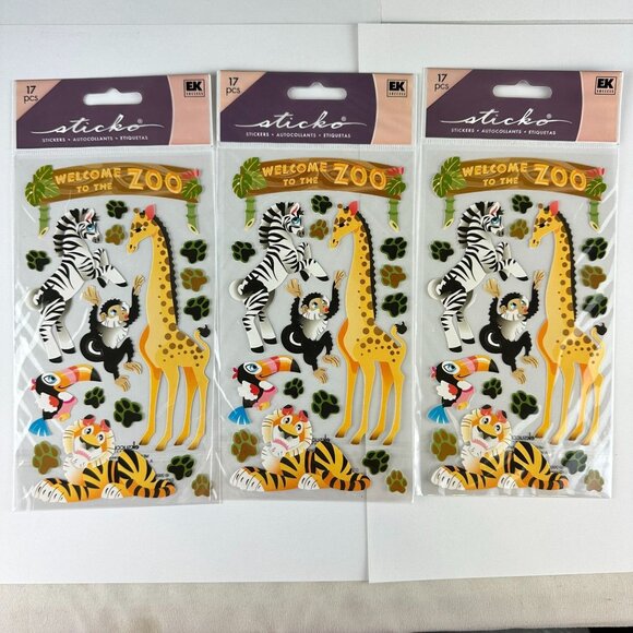 EK Sticko Welcome To The Zoo Stickers - 3 Packs x 17 Pieces Each - Picture 1 of 2